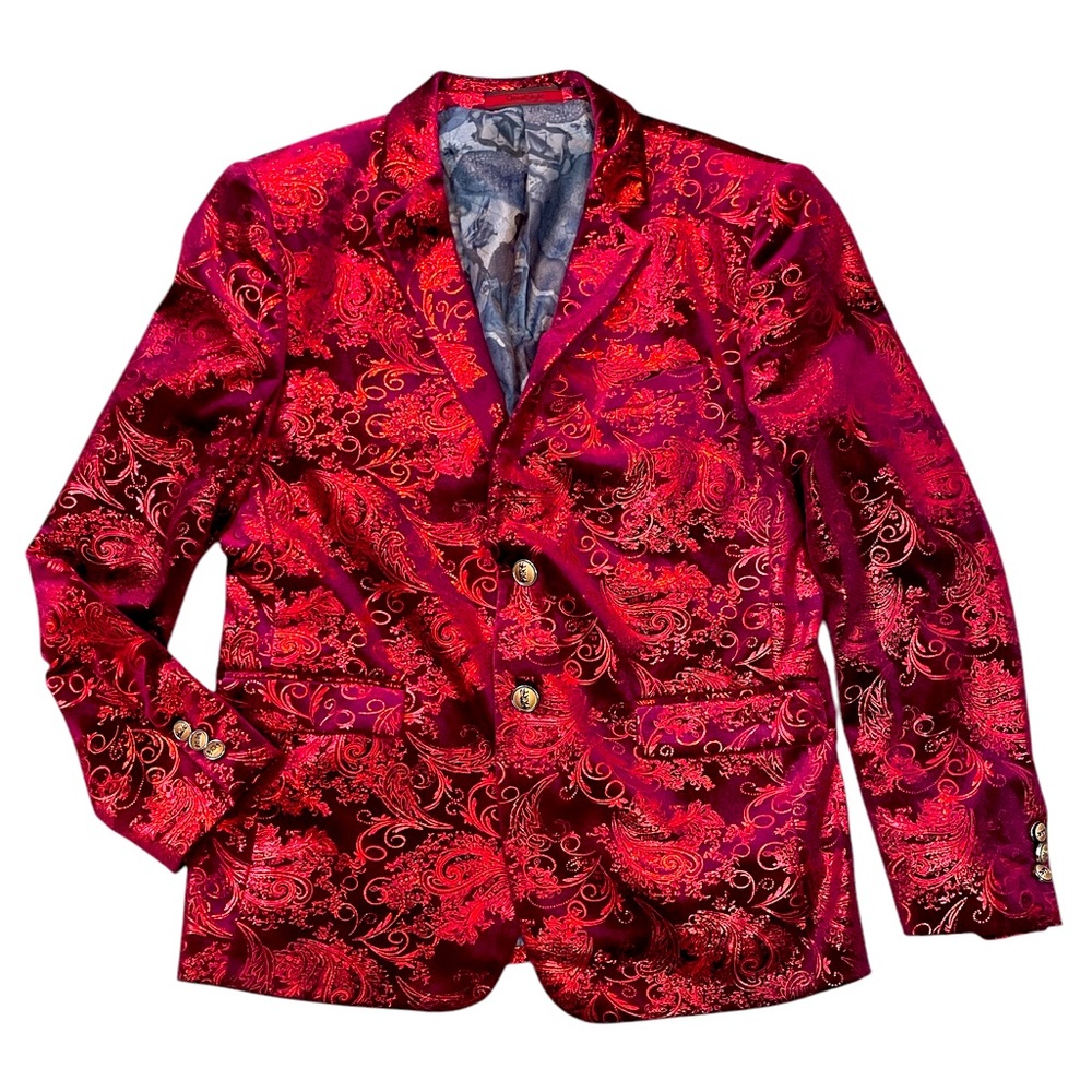 CloudStyle Casual Slim Fit Blazer Shiny Printed Jacket Red Velvet Size Medium